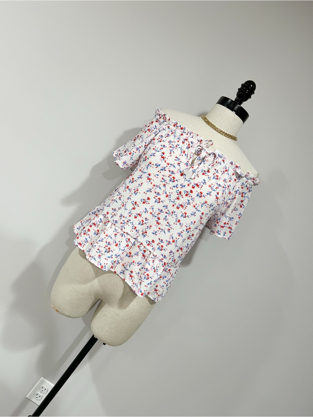 Hippie Rose White Off-Shoulder Top with Red & Blue Floral Print